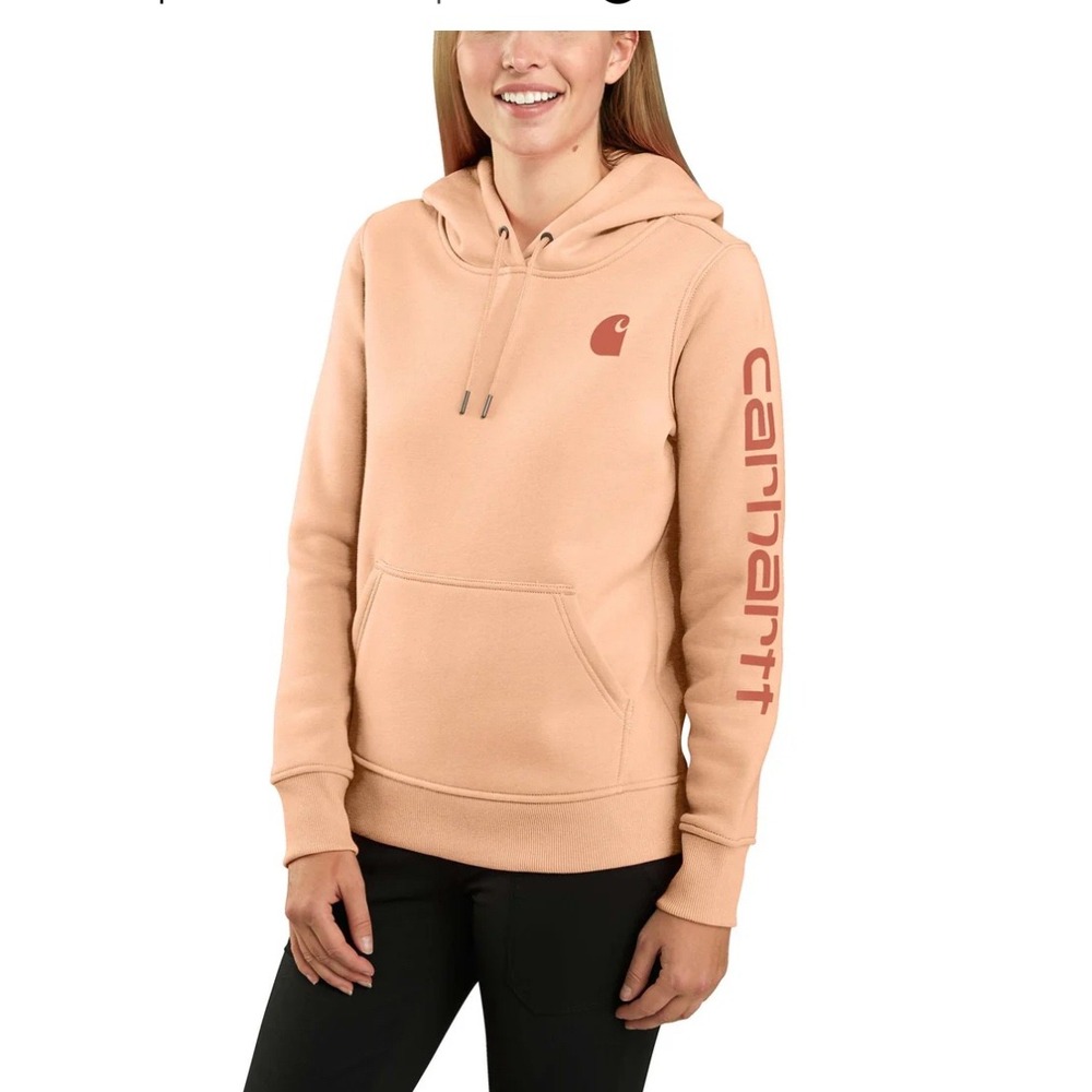 Carhartt Relaxed Fit Hoodie Womens‎ Large Peach Sweatshirt Logo Sleeve